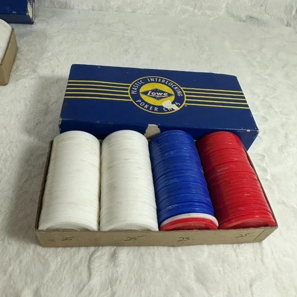 Set Vintage 100 x 2 Lowe Plastic Poker Chips USA Red White Blue original boxes - Picture 3 of 5